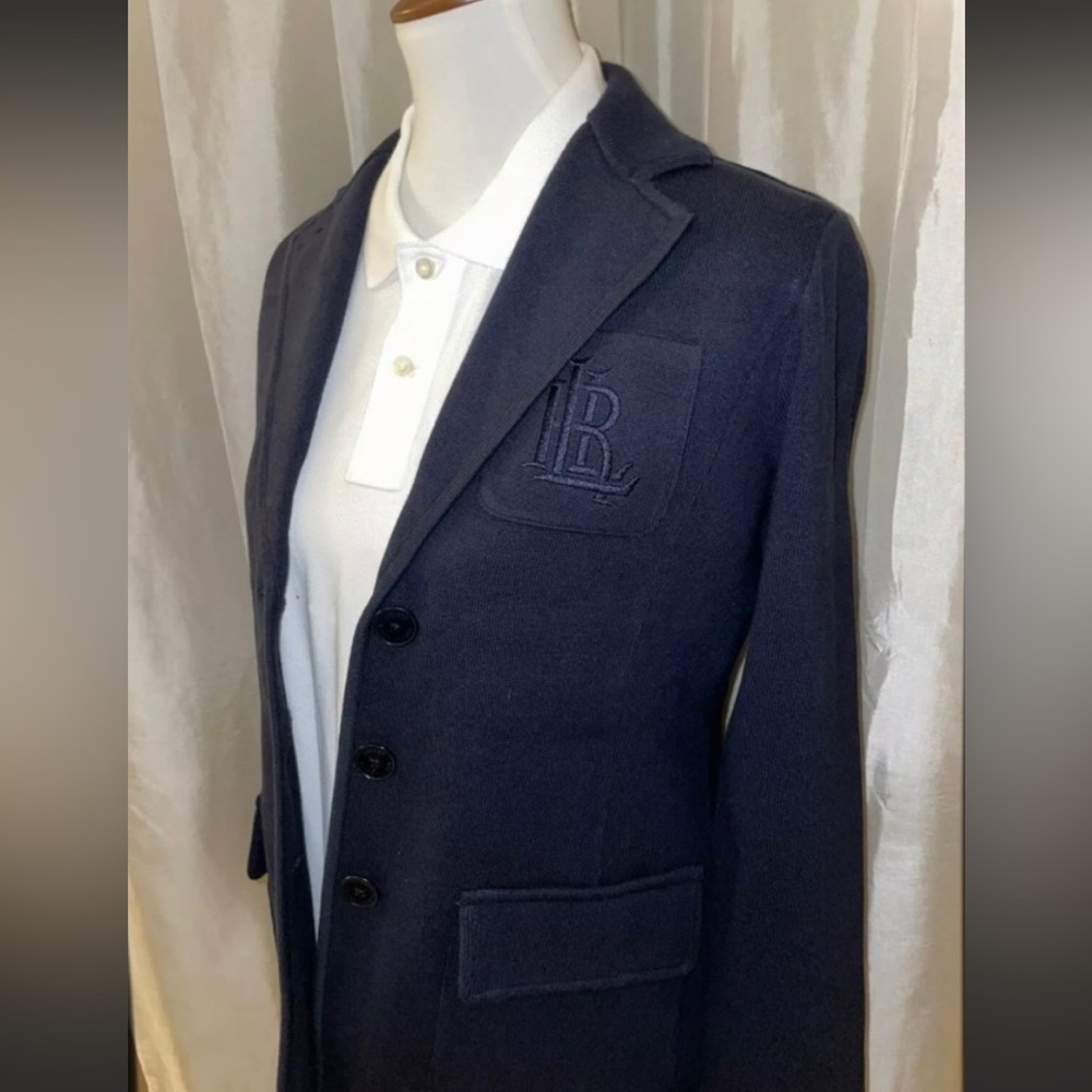 ⭐️Sold⭐️New LaurenRalphLauren Cotton Combed Knit Embroidered Logo Blazer Navy M - Picture 7 of 12